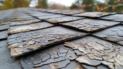 Close-up of a weathered shingle roof, highlighting deep cracks along the edge, with subtle hail damage visible on the surface in the background, realistic texture