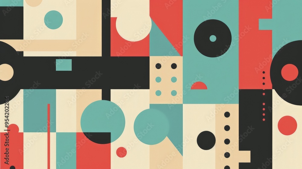 Poster a geometric abstract design featuring colorful shapes and patterns.