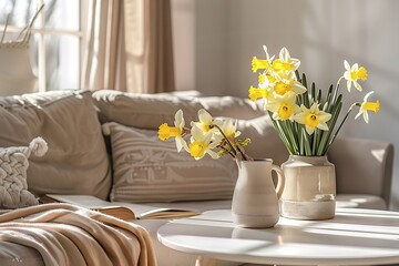 Yellow daffodils in vase on wooden table in living room