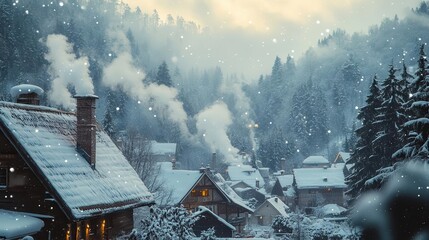 Snow-covered rooftops in the mountains, with smoke rising from chimneys and snow falling softly, creating a peaceful winter scene, Serene, Cool Tones, Wide Angle