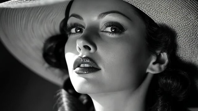 Elegant woman in vintage hat poses gracefully in black and white setting with captivating gaze at a fashion event