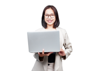 Asian Businesswoman with laptop isolated transparent