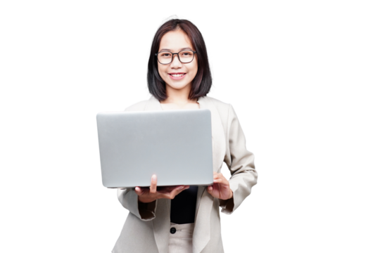 Asian Businesswoman with laptop isolated transparent