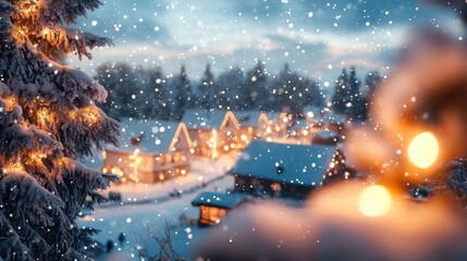 Winter evening in the village, with snow-covered streets, glowing streetlights, and holiday decorations, Festive, Warm Glow, Atmospheric