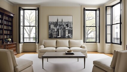 Fototapeta premium A chic and inviting living room featuring a cream-colored sofa placed at the heart of the space