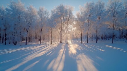 Obraz premium Winter light on frosted trees, casting long shadows on the snow-covered ground, creating a serene winter atmosphere, Serene, Cool Tones, Wide Angle