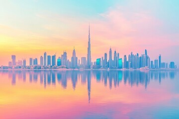 Fototapeta premium Panoramic Dubai skyline with Reflection in Pastel Sunset colors , ai