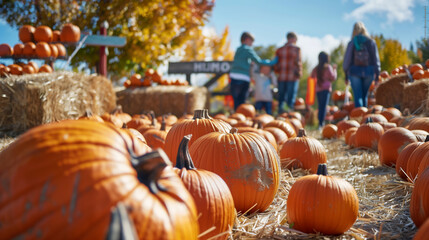 Pumpkin Patch Visit. A cheerful and bright image of a family visiting a pumpkin patch during the day.