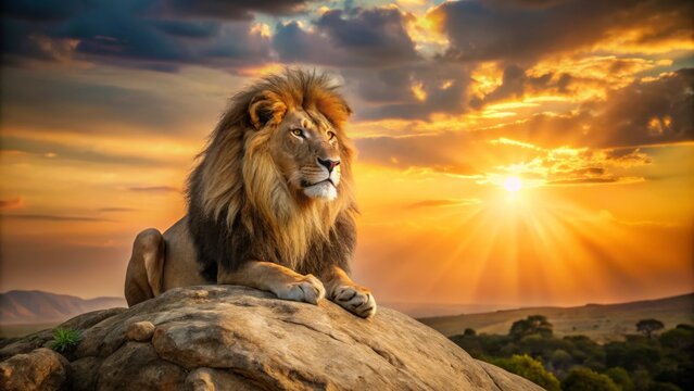 Regal African lion with majestic mane sits on rocky outcropping, surveying savannah kingdom at sunset, warm golden