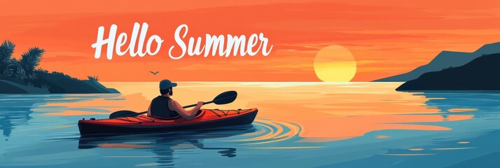Clip art summer poster of a person kayaking in tropical sea. Hello Summer