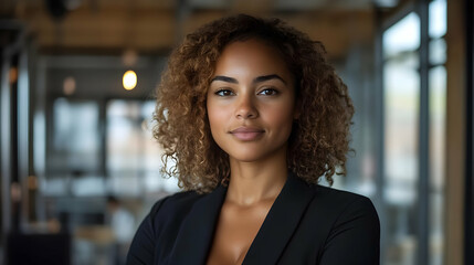 Fototapeta premium Confident young woman with curly hair looking at camera.