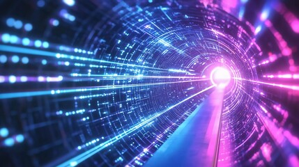 Abstract neon lights into digital technology tunnel. Futuristic technology abstract background with lines for network, big data, data center, server, internet, speed. Nice 3D rendering