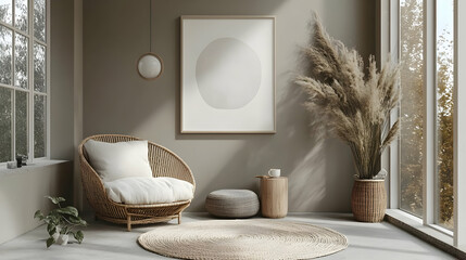 Cozy living room with wicker chair, pampas grass, and a round rug.