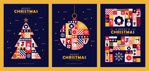 set de tres bannes navide&ntilde;os con elementos coloridos en rojo, amarillo y azules, sobre fondo azul oscuro, ilustraciones ideales para banners de publicidad en redes sociales