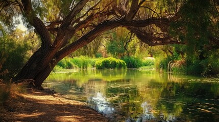 Serene Pond Under a Branching Tree