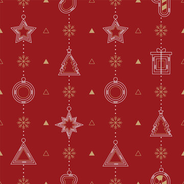 patron rojo navide&ntilde;o con elementos de estrellas, esferas y arbol de navidad, y copos de nieve