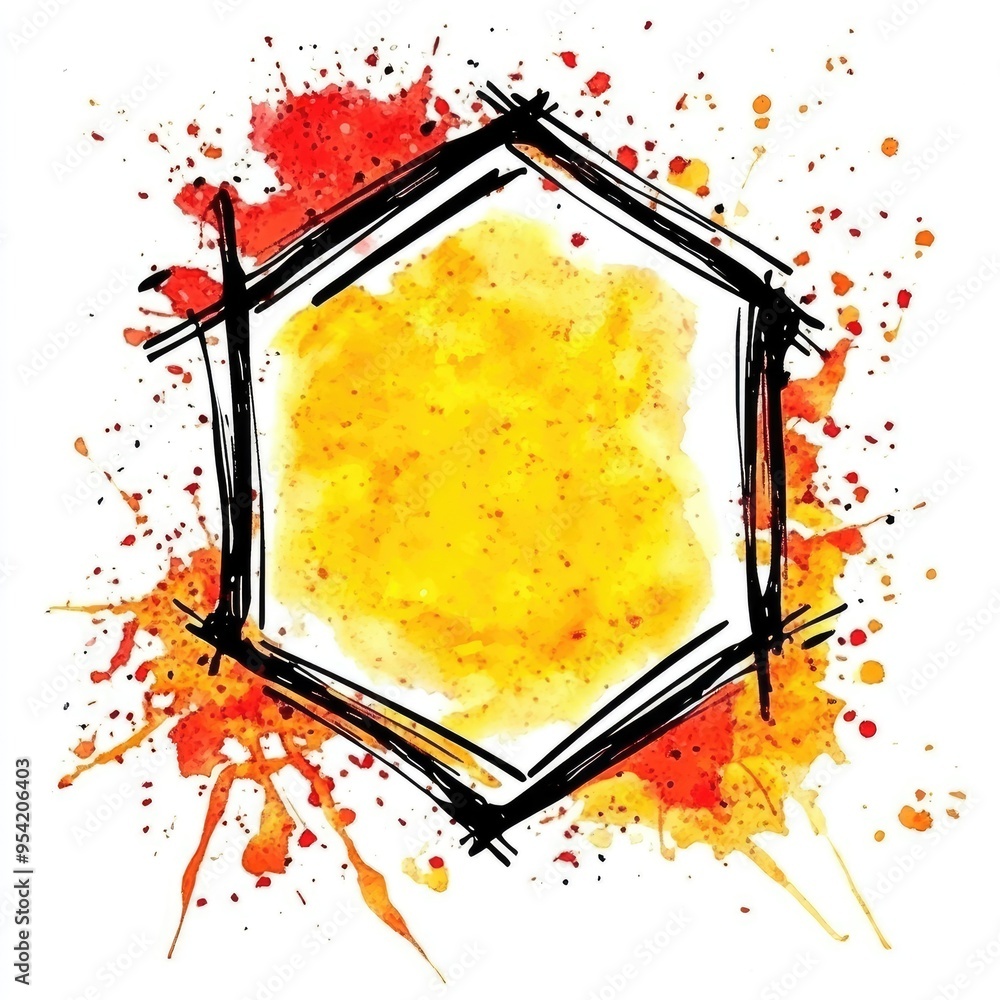 Poster artistic watercolor stain in a hexagonal shape with vibrant orange, yellow, and red splashes on a cl