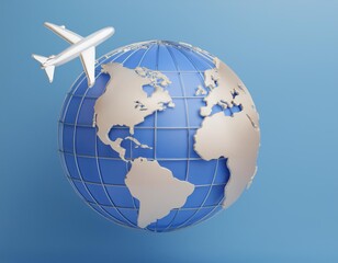 Fototapeta premium 3D silver airplane flies over a blue globe, 3D Illustration