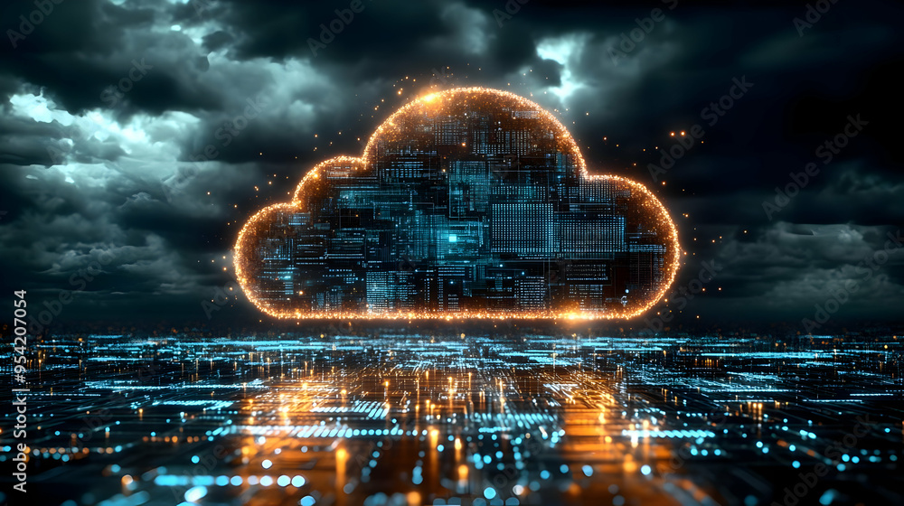 Poster digital cloud icon with glowing circuitry in a dark cloudy sky.