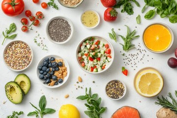 Many different healthy food on white table, flat lay , ai