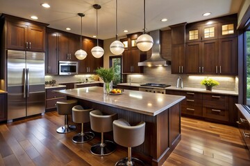 Richly stained dark wood accentuates modern kitchen furniture, with sleek cabinetry, rounded countertops, and pendant
