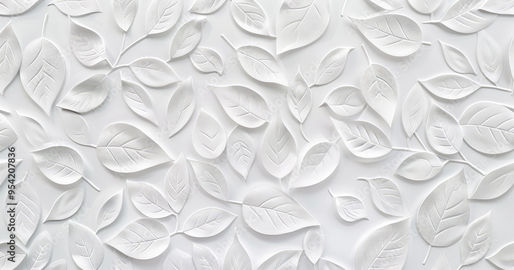 Poster a textured white background featuring various leaf shapes, creating a subtle and elegant design.