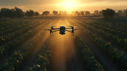 Fototapeta premium Drone flying over a field of crops at sunset.