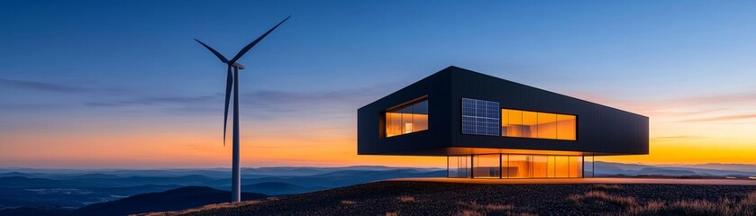 A modern home exterior with solar panels and a wind turbine, showcasing a commitment to sustainability