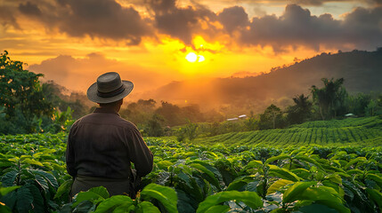 Fototapeta premium Farmer in a straw hat standing in a field of green coffee plants, looking at the sunset.