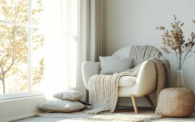 Fototapeta premium a cozy living room corner with a simple armchair, a knitted blanket, and a few handmade pillows