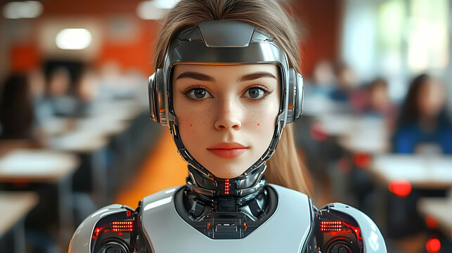 Female humanoid robot with a futuristic design looking at the camera.