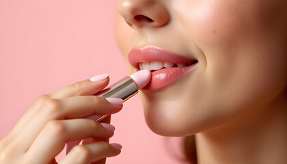 Naklejka premium Woman Applying Pink Lipstick with Precision and a Soft Smile