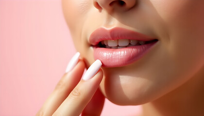 Fototapeta premium Woman Highlighting Her Lips with a Glossy Pink Lipstick