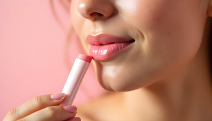 Naklejka premium Close-up of Woman’s Lips with Glossy Pink Finish