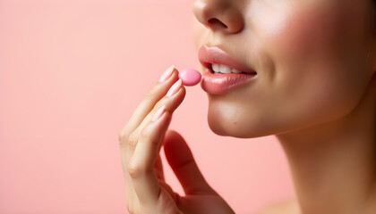 Woman Touching Lips with Pink Nail Polish