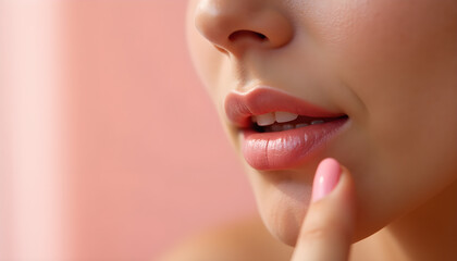 Obraz premium Woman Applying Light Pink Lipstick with a Smile