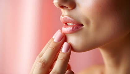 Fototapeta premium Woman Applying Soft Pink Cream to Cheek in Skincare Routine