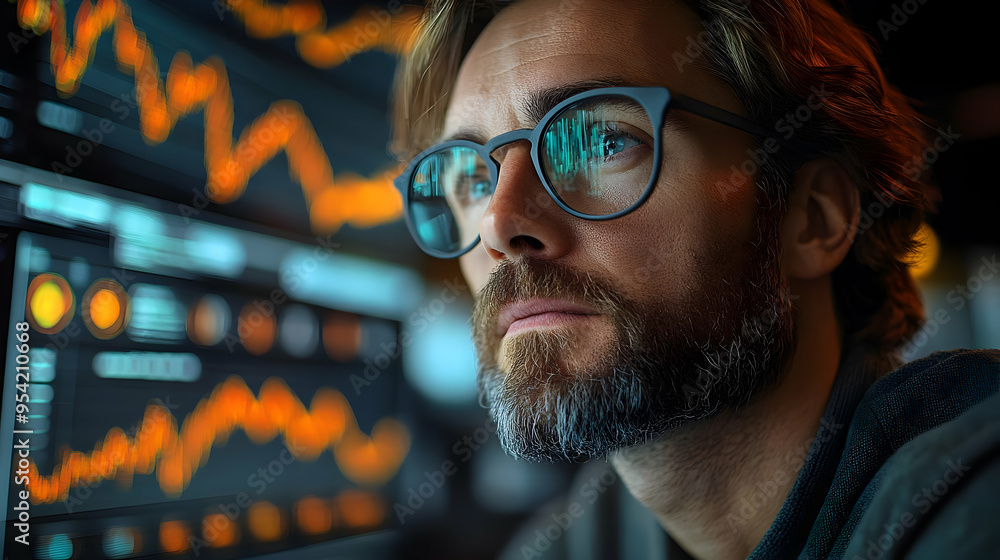 Poster focused man looking at charts on a computer screen.