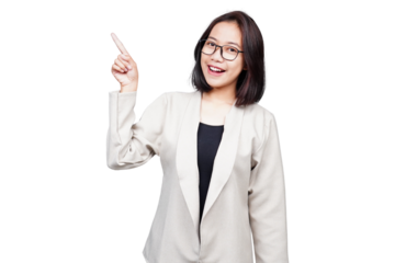 Asian smiling Businesswoman pointing isolated transparent