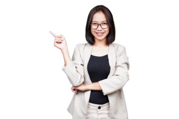 Asian smiling Businesswoman pointing isolated transparent