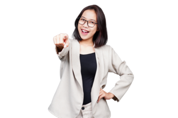 Asian smiling Businesswoman pointing isolated transparent