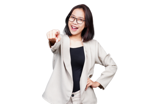 Asian smiling Businesswoman pointing isolated transparent