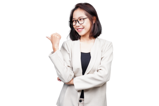 Asian smiling Businesswoman pointing isolated transparent