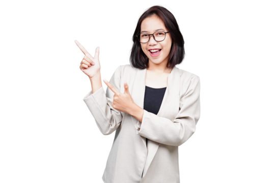 Asian smiling Businesswoman pointing isolated transparent