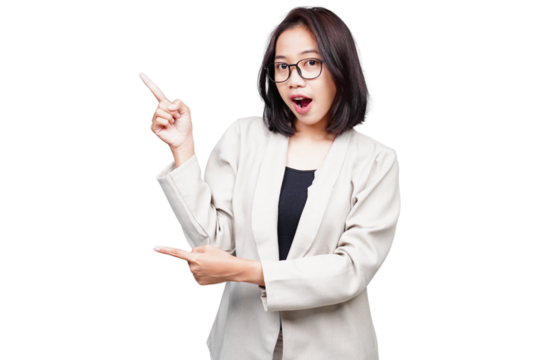 Asian smiling Businesswoman pointing isolated transparent