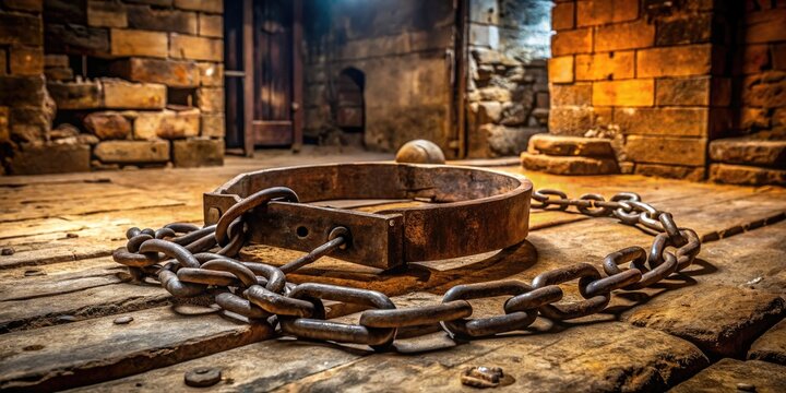 Rusted iron collar with heavy chains and wooden boards, a historic punishment device, lies abandoned on a worn stone floor amidst dimly lit ancient ruins.