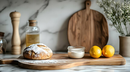 Freshly baked bread with lemons on a wooden cutting board.