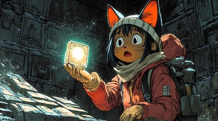 A young woman with cat ears holds a glowing artifact in a dark, stone room.