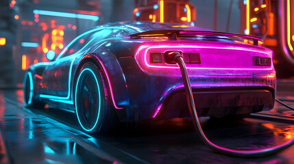 Naklejka premium Futuristic electric sports car with neon lights charging at a futuristic station.