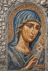 Mosaic wall art in byzantine style, lady in focus